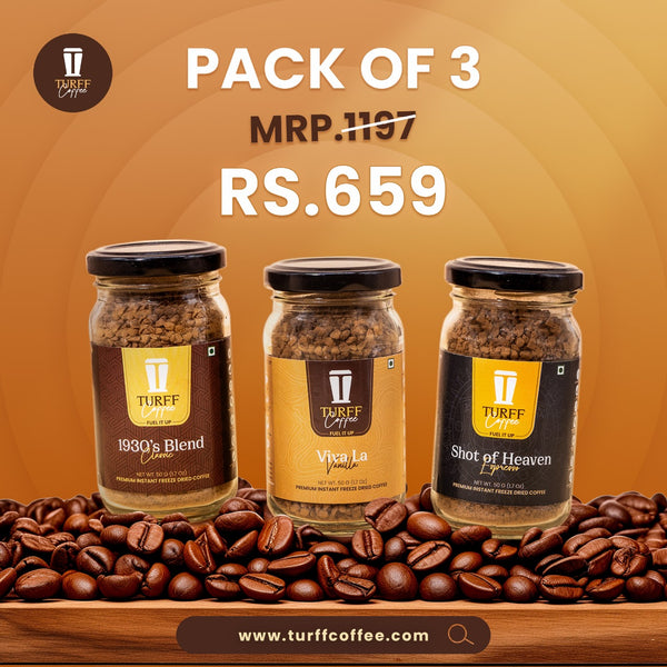 TURFF Coffee - TURFFY Pack of 3 [ Pure freeze dried, natural flavoured & best gourmet coffees ] Classic+Vanilla+Caramel